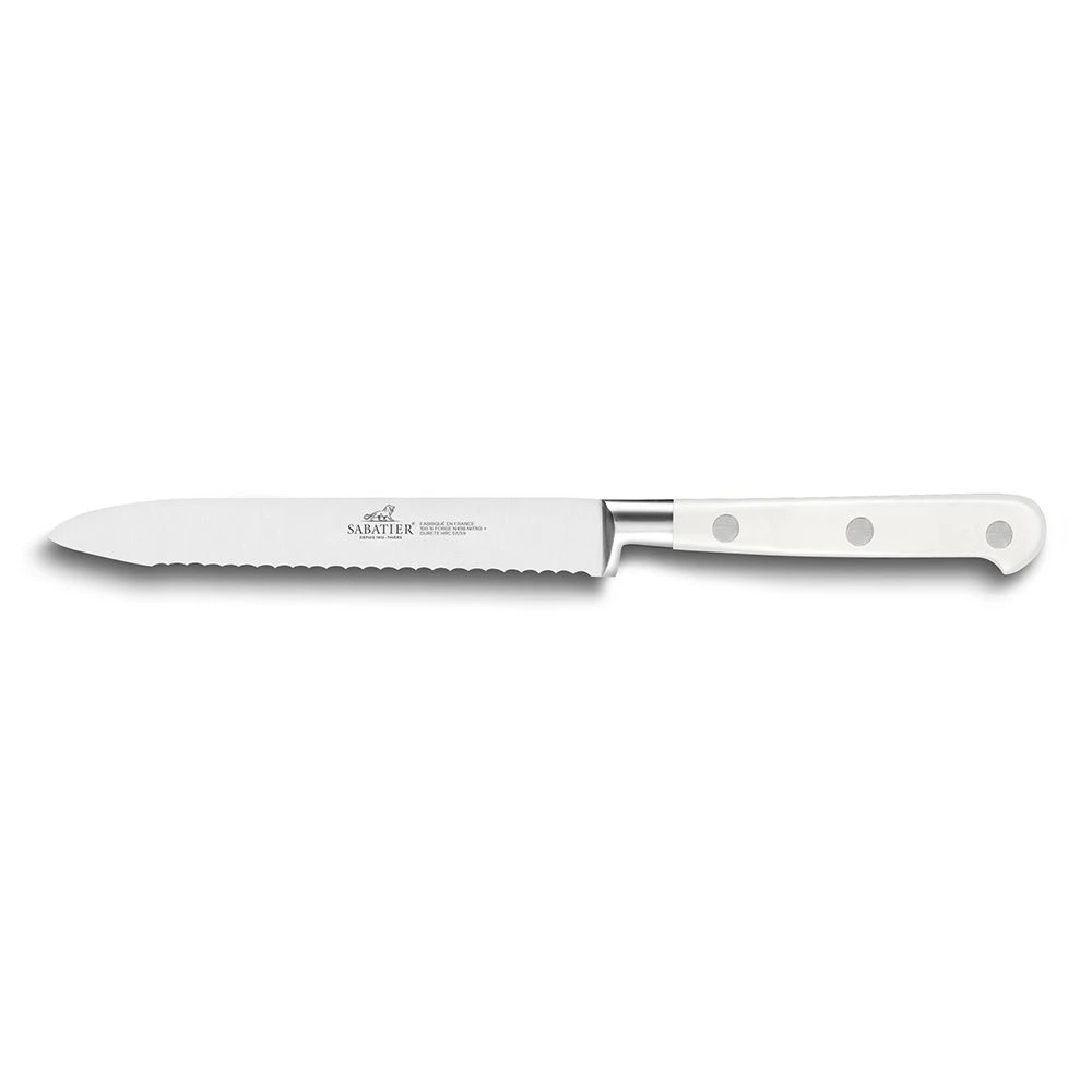 Lion Sabatier® Ideal Toque Blanche 12cm Serrated Utility Knife (White Handle With Stainless Steel Rivets)