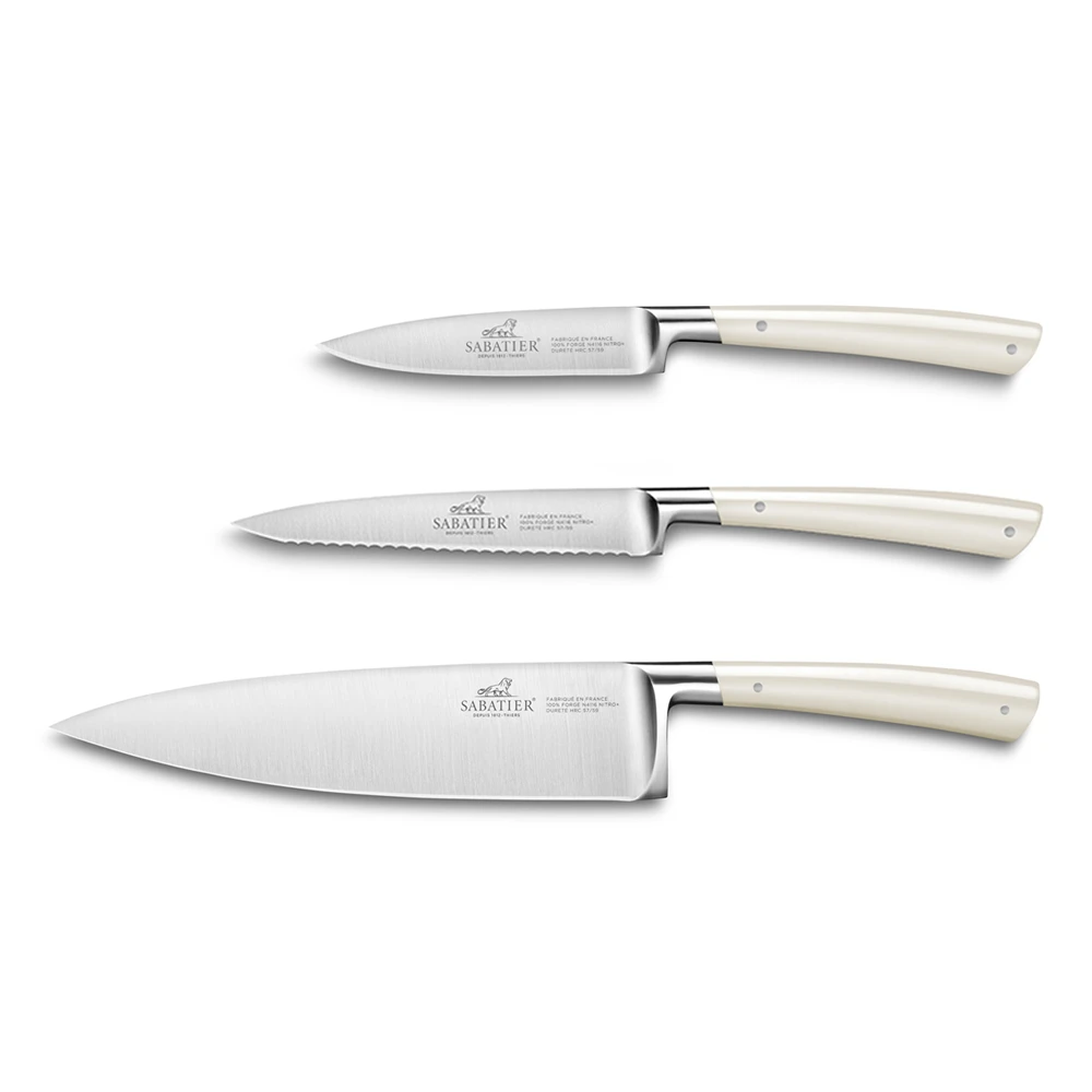 Lion Sabatier® Edonist Perle 3 Piece Knife Set - 10cm Paring, 12cm Serrated Utility & 20cm Cooks Knife (Pearl Handle With Stainless Steel Rivets)