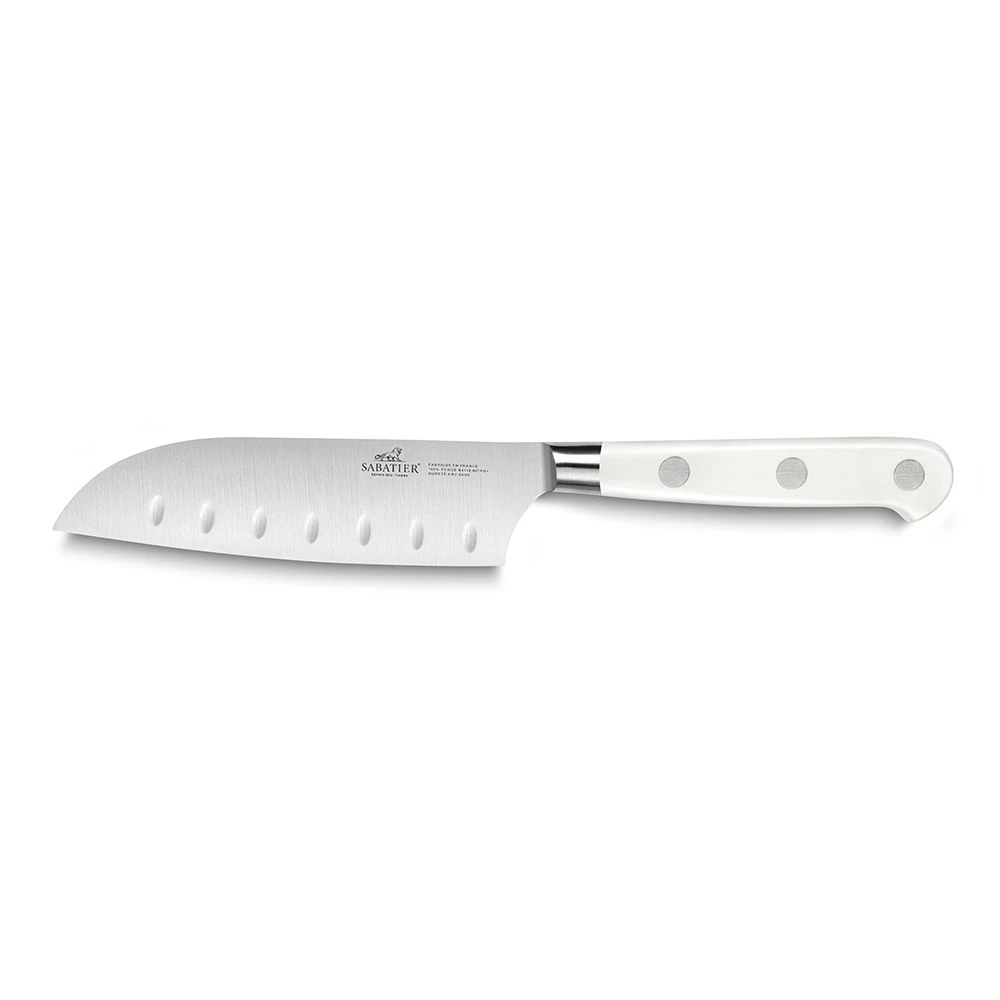 Lion Sabatier® Ideal Toque Blanche 13cm Scalloped Santoku Knife (White Handle With Stainless Steel Rivets)