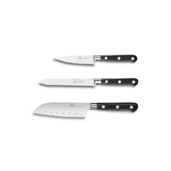 Lion Sabatier® Ideal 3 Piece Knife Set - 10cm Paring, 12cm Serrated Utility & 13cm Santoku Knife (Black Handle With Stainless Steel Rivets)