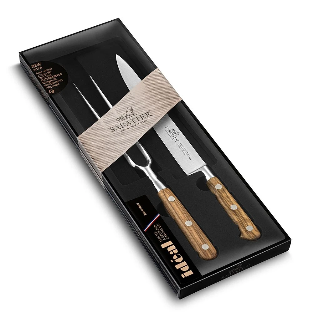 Lion Sabatier® Ideal Provencao 2 Piece Carving Set - 15cm Carving Fork & 20cm Carving Knife (Olive Handle With Stainless Steel Rivets)